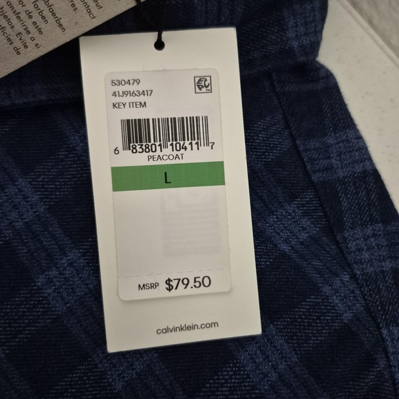 Calvin Klein Jeans Shirt Mens Large Blue Plaid Button Down Long Sleeve Peacoat - Picture 9 of 12